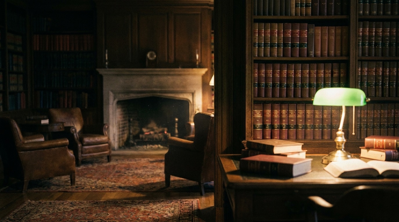 Leather-bound volumes and brass in a law library