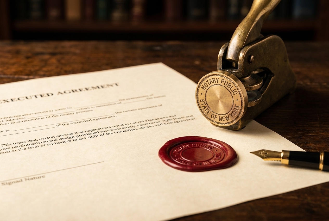 A notary embosser and wax seal on an executed agreement