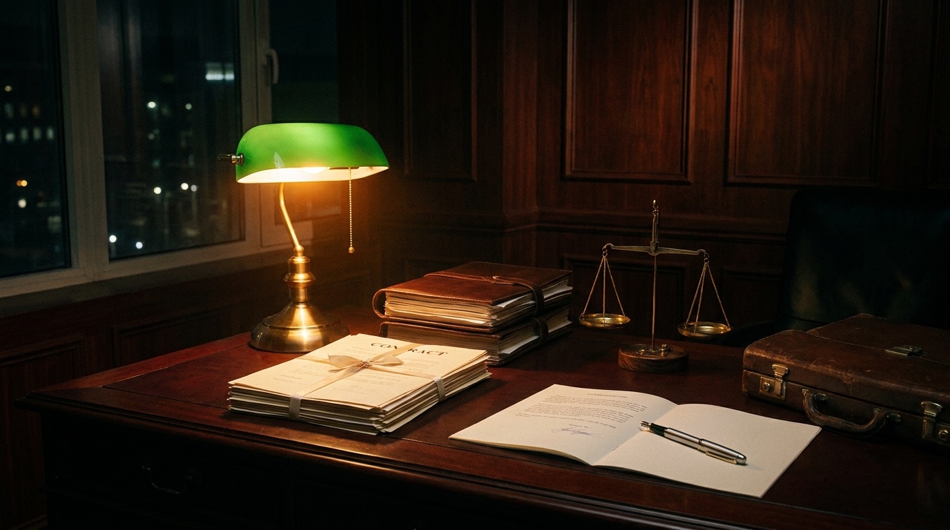 A solo attorney's chambers at night — contracts, brass scales, lamplight